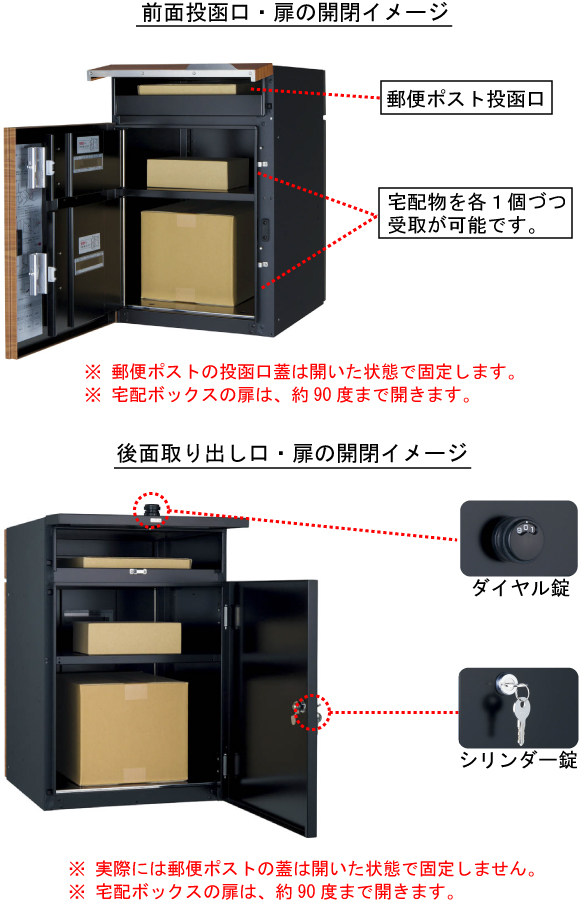 ヴィコDB 郵便ポストの投函口は開いた状態で固定します。宅配ボックスの扉は約90度まで開きます。