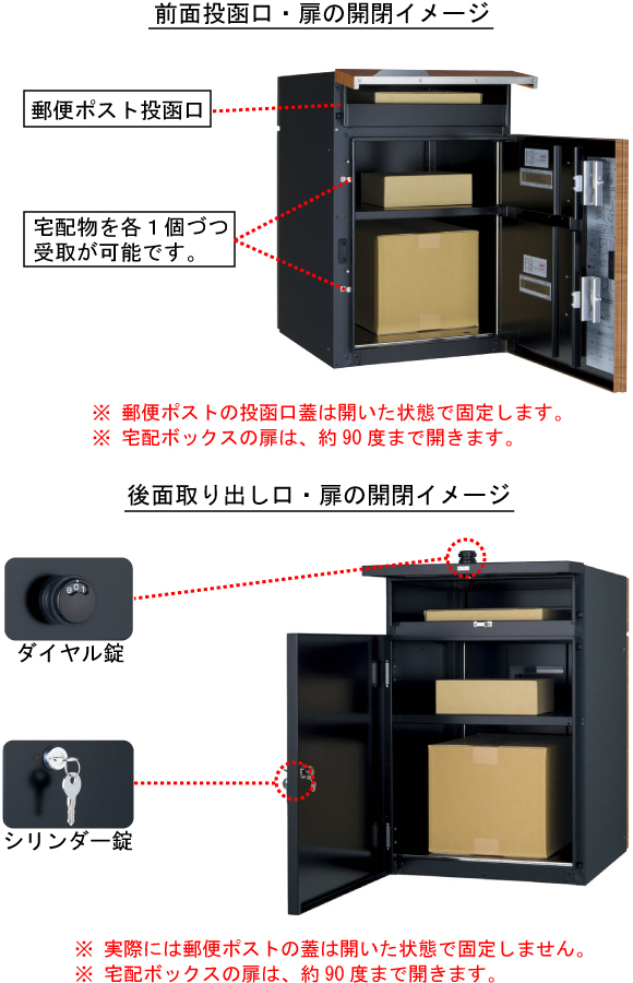 ヴィコDB 郵便ポストの投函口は開いた状態で固定します。宅配ボックスの扉は約90度まで開きます。