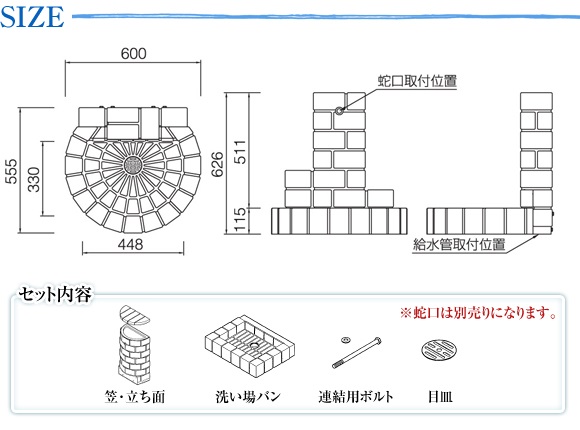 サイズとセット内容(笠・立ち面、洗い場パン、連結用ボルト、目皿)