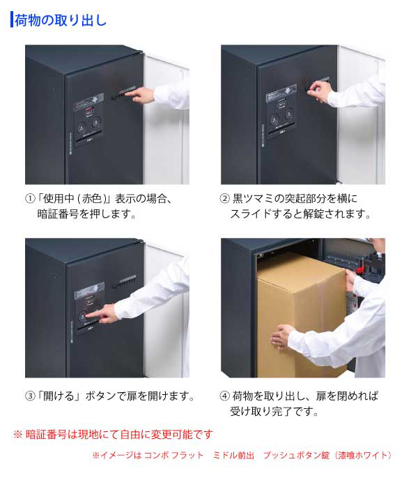 取り出し方:任意の暗証番号を押して、ツマミをスライドすると解錠。開けるボタンで取り出し、扉を閉めれば取り出し完了です。