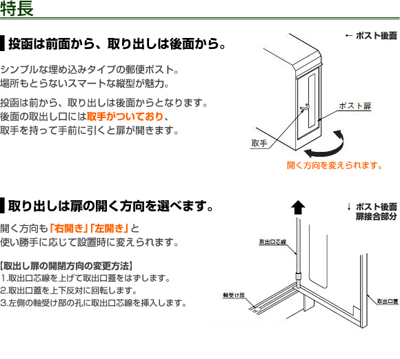 前入・後出。取り出し扉は使い勝手に応じて設置時に開き方向の変更が可能